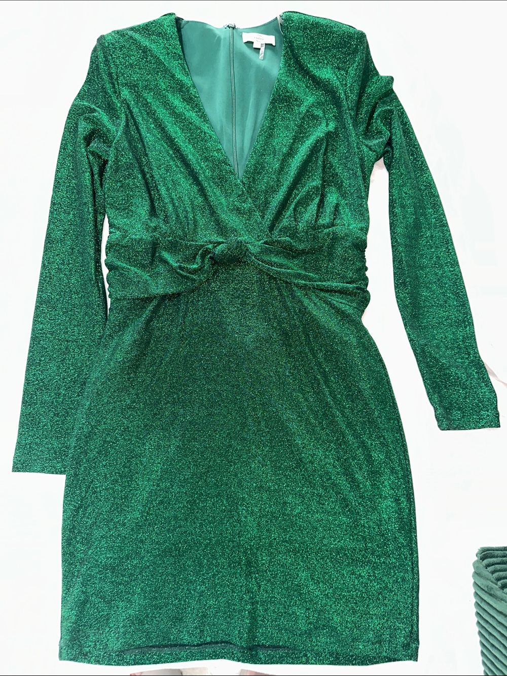 Emerald Green Sparkle Twist-Waist Long Sleeve Cocktail Dress